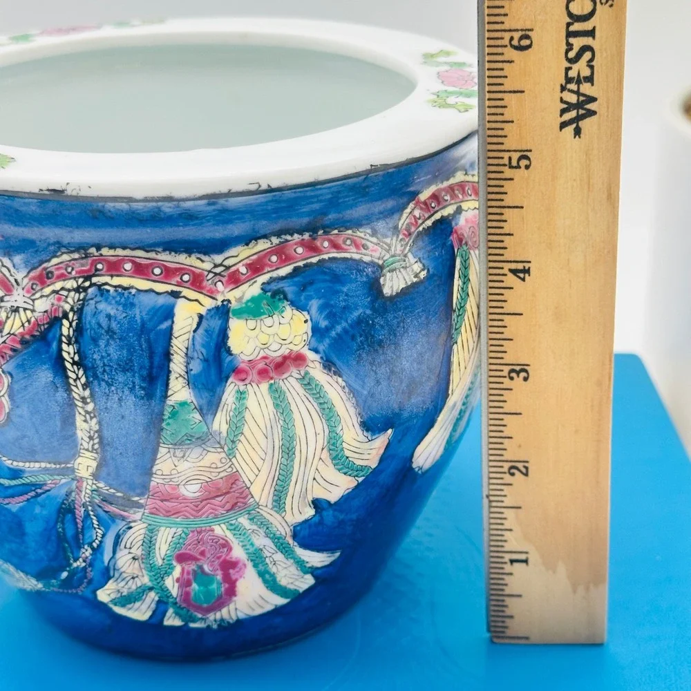 Vintage Chinese Porcelain Fish Bowl Planter Cobalt Blue Tassel Hand Painted